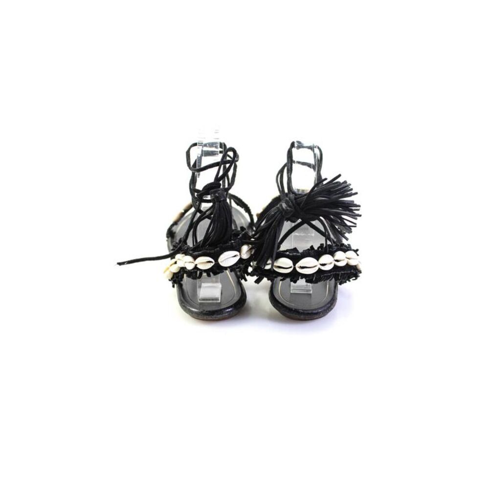 Aquazzura Womens Cowrie Shell Suede Fringe Flat Lace Up Sandals Black 36.5 6.5 - Picture 3 of 7